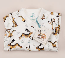 Load image into Gallery viewer, Molly the hare babygrow folded, with Molly, Olive and Dexter story booklet lying on top.