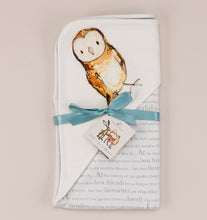Load image into Gallery viewer, Olive owl blanket folded with ribbon and storybook tag