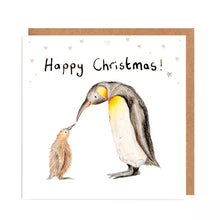Load image into Gallery viewer, Square white Christmas card featuring watercolour and pencil illustration of a mother and baby penguin, surrounded by stars, and handwritten 'Happy Christmas!' message.