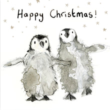 Load image into Gallery viewer, Square Christmas card featuring a pair of baby penguins and a text above them that says Happy Christmas surrounded by silver stars.