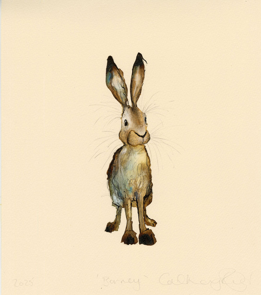 Illustration of a standing hare on a beige background