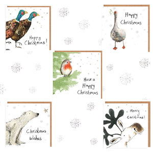 Set of Christmas cards with various animals and text on a white background