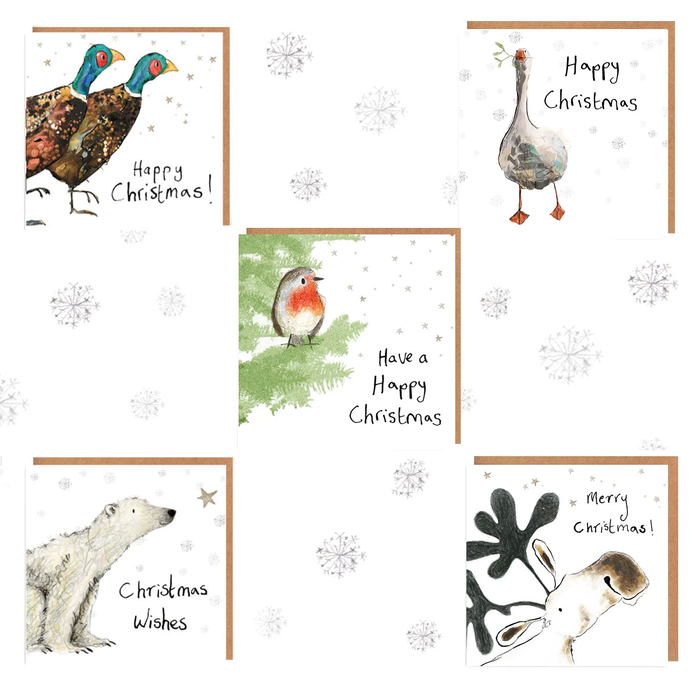 Set of Christmas cards with various animals and text on a white background