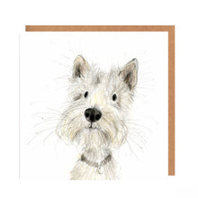 Load image into Gallery viewer, Illustration of a dog's face on a greeting card with a brown border.