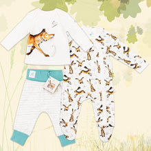 Load image into Gallery viewer, Baby clothing set with fox and rabbit patterns on a natural background
