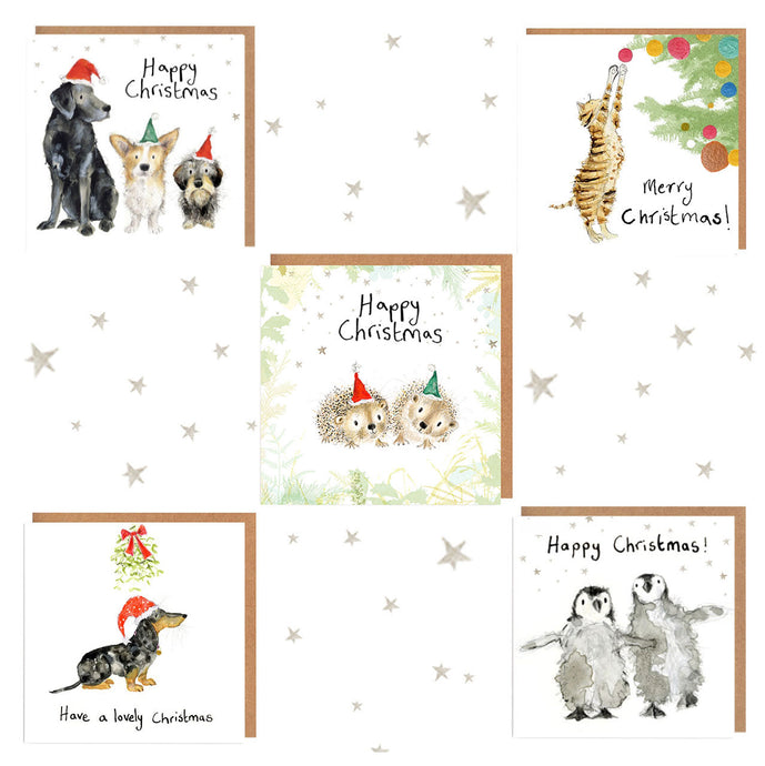 Collection of Christmas cards with animals and festive text on a white background.