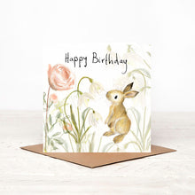 Load image into Gallery viewer, Birthday card with a rabbit and flowers on a white background