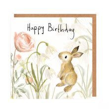 Load image into Gallery viewer, Birthday card with a rabbit and flowers, featuring the text 'Happy Birthday'.