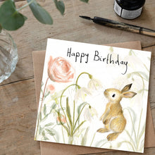 Load image into Gallery viewer, Birthday card with a rabbit and flowers on a wooden surface
