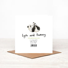 Load image into Gallery viewer, The reverse of a Mother&#39;s Day card featuring a small watercolour pencil illustration of a mummy panda holding a baby panda on her tummy. &#39;Lyra and Sammy&#39; is handwritten above the website and barcode details. 