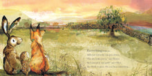 Load image into Gallery viewer, Watercolour illustration of a fox, an owl and a hare watching a pink and yellow sunset behind an old oak tree and a river, from a page of Catherine Rayner&#39;s &#39;Molly, Olive and Dexter: Who&#39;s Afraid of the Dark?&#39;