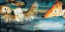 Load image into Gallery viewer, Watercolour illustration of a fox and a hare looking at an owl stretching his wings, surrounded by darkening skies,  from a page of Catherine Rayner&#39;s &#39;Molly, Olive and Dexter: Who&#39;s Afraid of the Dark?&#39;