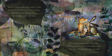 Load image into Gallery viewer, Watercolour illustration of a fox, a hare and an owl huddling together, surrounded by dark foliage and shadows,  from a page of Catherine Rayner&#39;s &#39;Molly, Olive and Dexter: Who&#39;s Afraid of the Dark?&#39;