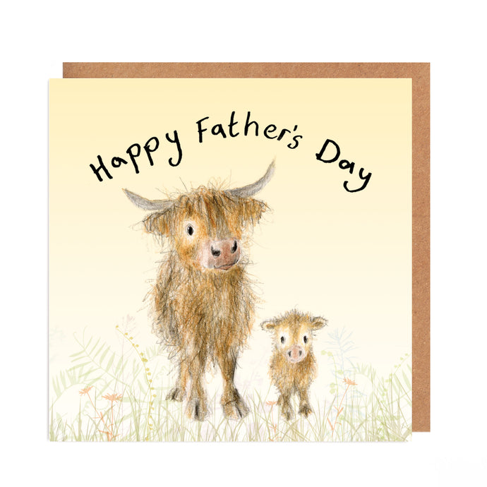 Illustration of a gentle Highland cow named Malcolm standing beside his adorable calf Harper, capturing a tender moment of love and protection.