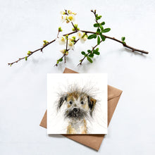 Load image into Gallery viewer, Card with a dog illustration on a white background with a branch and flowers.