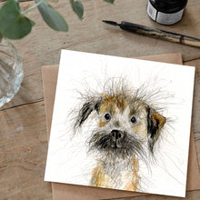 Load image into Gallery viewer, Card with a dog illustration on a wooden surface with stationery items.