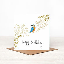 Load image into Gallery viewer, Birthday card with a kingfisher design and 'Happy Birthday' text on a white background.
