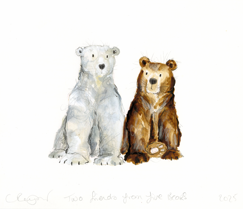 Two hand painted bears, one white and one brown, sitting side by side on a white background.