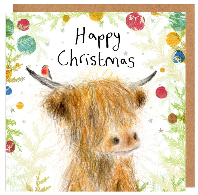 Christmas card with a highland cow and robin illustration, surrounded by festive elements.