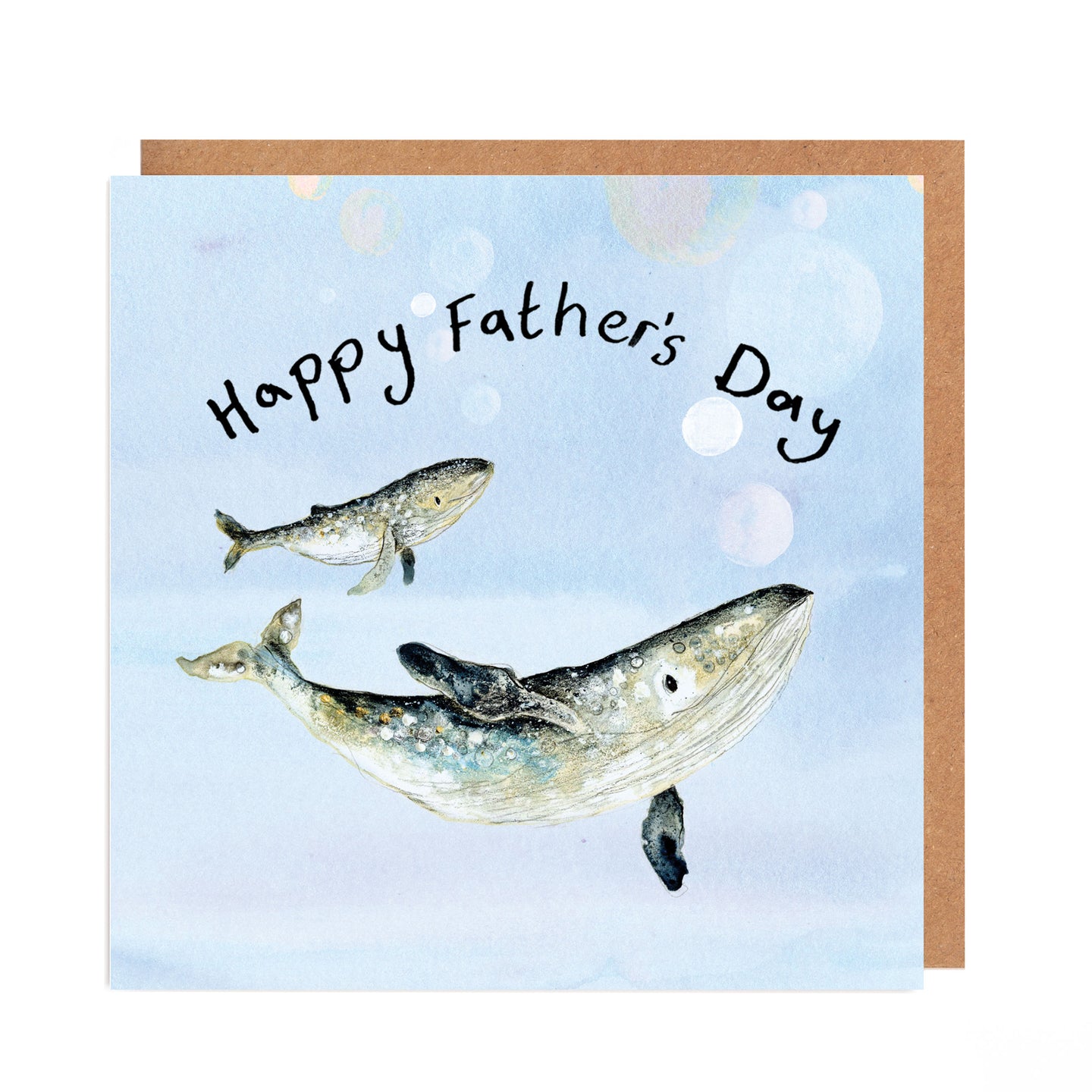 A beautifully illustrated Father’s Day card showing a majestic whale swimming beside his curious calf, featuring strength and gentle fatherly love.