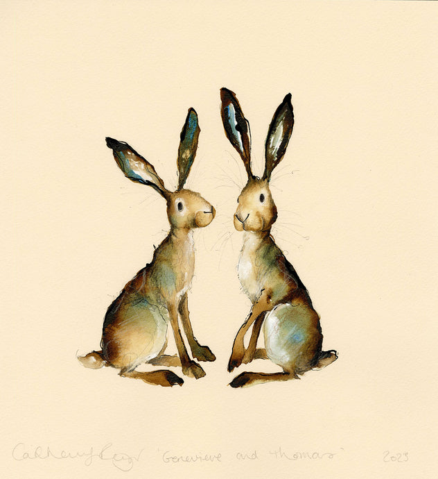 two hares hand painted on cream paper