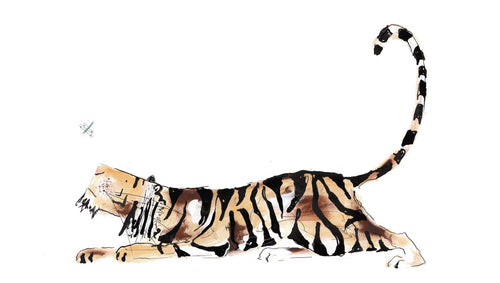 Illustrated print of Augustus the tiger from the children’s book Augustus and His Smile, showing a joyful tiger in a painterly style.
