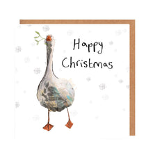 Load image into Gallery viewer, Hand drawn Christmas card featuring a goose holding a little green branch saying Happy Christmas with snowflakes at the background