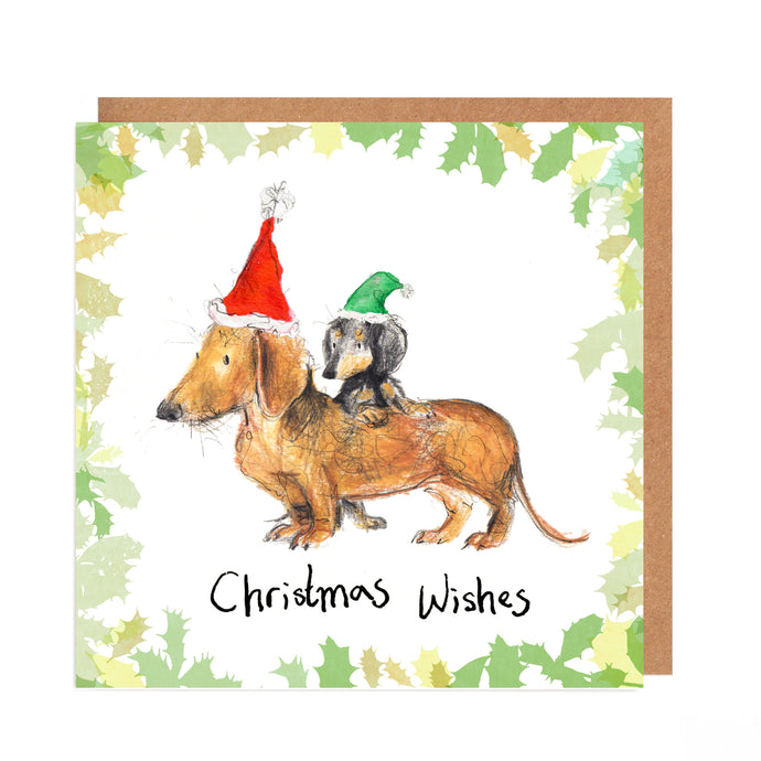 Christmas card with two dogs wearing Santa hats and the text 'Christmas Wishes' on a leafy background.
