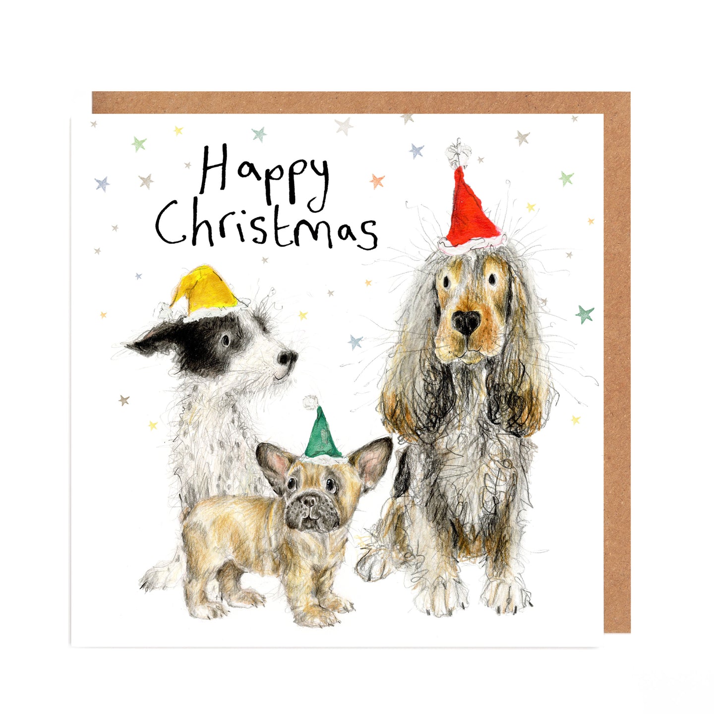Christmas card with three dogs wearing party hats and 'Happy Christmas' text.