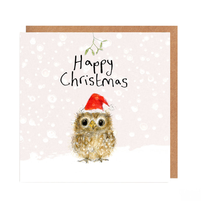 Christmas card with an owl wearing a red Santa hat and 'Happy Christmas' text on a polka dot background.