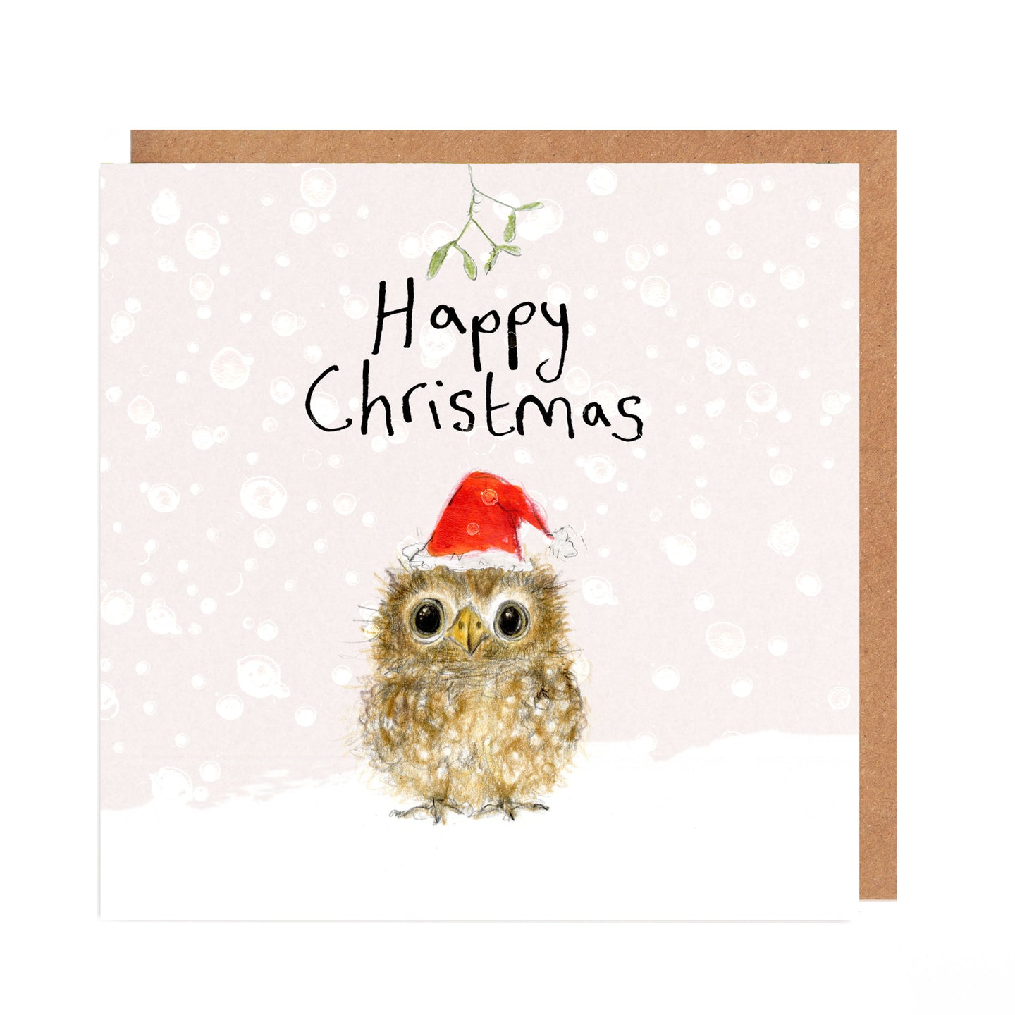 Christmas card with an owl wearing a red Santa hat and 'Happy Christmas' text on a polka dot background.