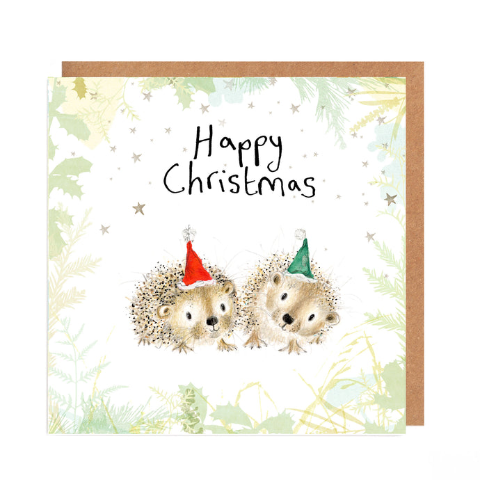 Christmas card with two hedgehogs wearing party hats on a festive background.