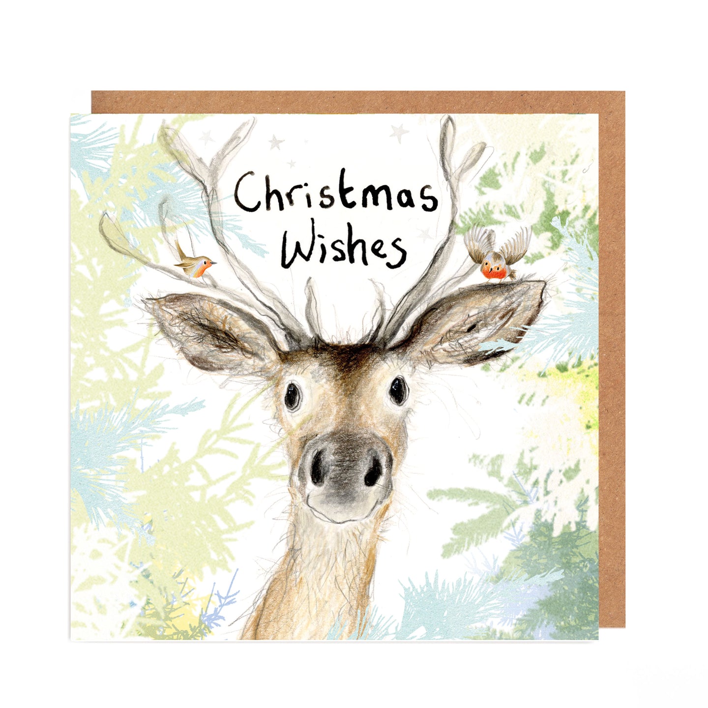 Christmas card with a deer illustration and 'Christmas Wishes' text on a white background