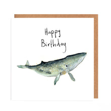 Load image into Gallery viewer, Birthday card featuring blue and gold watercolour and ink illustration of a whale on a white background and handwritten Happy Birthday text