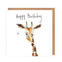 Load image into Gallery viewer, A greetings card featuring a watercolour illustration of a giraffe, with a handwritten &#39;Happy Birthday&#39; message,  from Catherine Rayner&#39;s book &#39;Abigail&#39;.