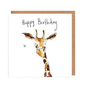 A greetings card featuring a watercolour illustration of a giraffe, with a handwritten 'Happy Birthday' message,  from Catherine Rayner's book 'Abigail'.
