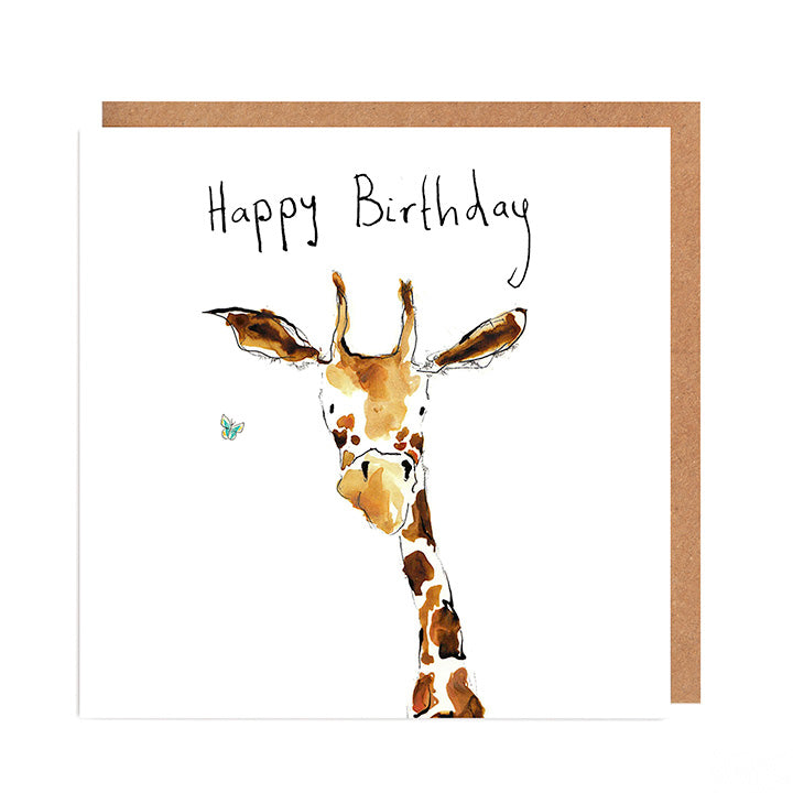 A greetings card featuring a watercolour illustration of a giraffe, with a handwritten 'Happy Birthday' message,  from Catherine Rayner's book 'Abigail'.