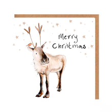 Load image into Gallery viewer, Square white Christmas card featuring watercolour and pencil illustration of a reindeer with a robin on his ear, surrounded by stars, and handwritten 'Merry Christmas' message.
