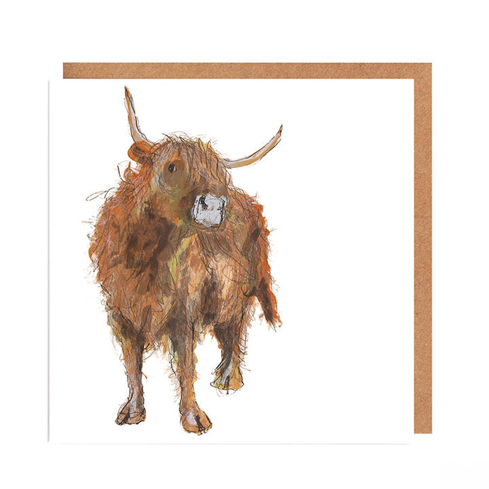 A greetings card featuring a watercolour illustration of a highland cow with his head tilted to the left on a square white background.