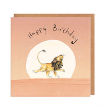 Load image into Gallery viewer, A square greetings card featuring an illustration of Arlo the Lion walking across a pink sunset, with handwritten &#39;Happy Birthday&#39; text. 