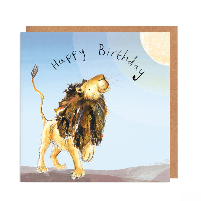Birthday card featuring watercolour and pencil illustration of Arlo the Lion on a blue background looking up at the sun, with a handwritten Happy Birthday message.
