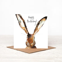 Load image into Gallery viewer, Square illustrated hare birthday card standing open on top of matching brown envelope