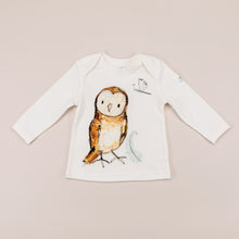 Load image into Gallery viewer, Olive owl print top laid flat, front view