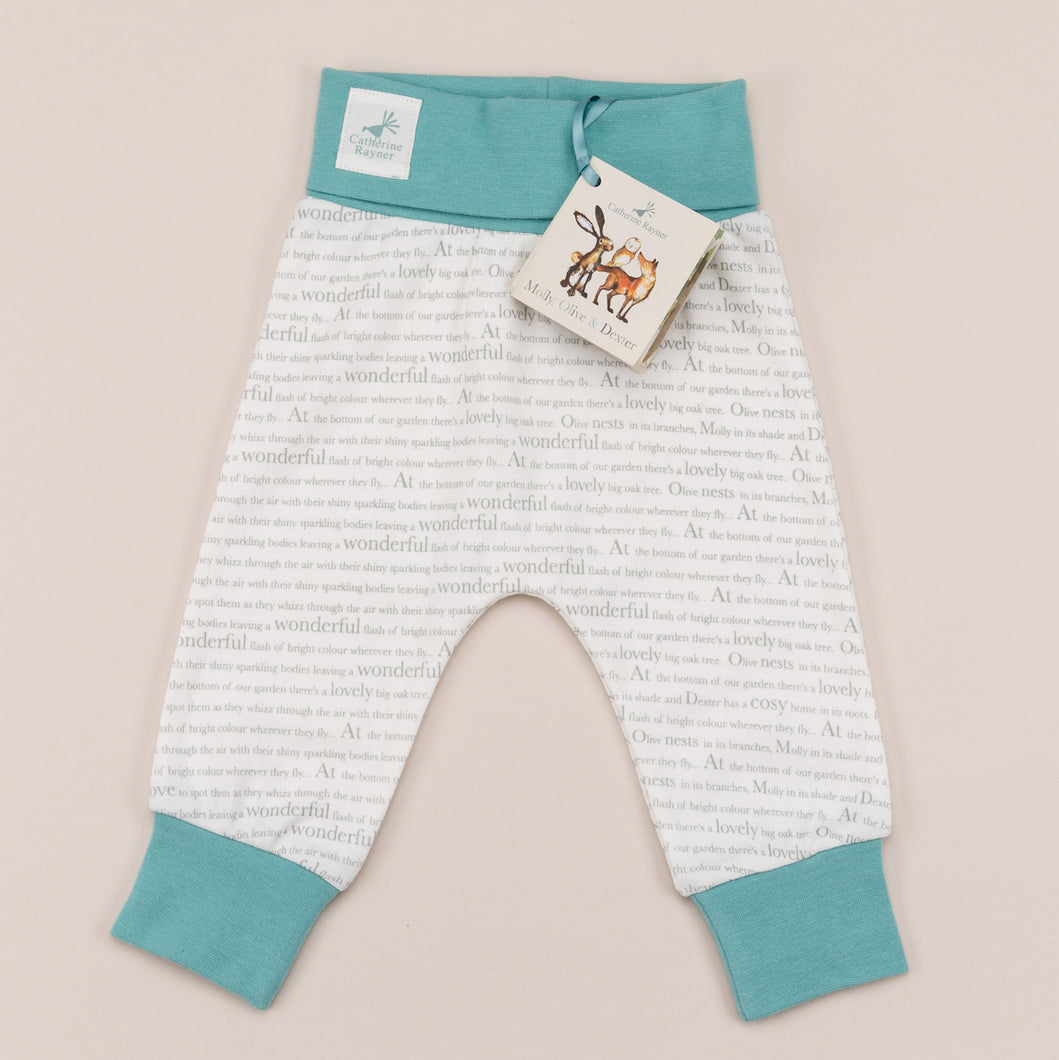 Storytime joggers with ocean blue trim front, laid flat