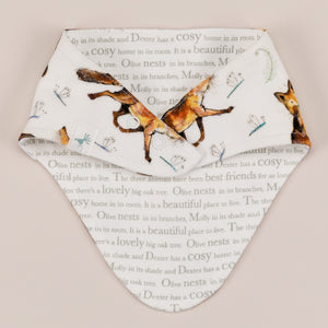 Dexter fox bandana bib back, showing the story printed side.