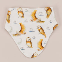 Load image into Gallery viewer, Olive owl bandana bib front, laid flat
