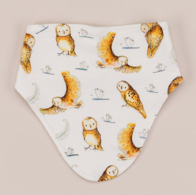 Olive owl bandana bib front, laid flat