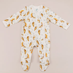 Front view of Olive the owl babygrow laid flat