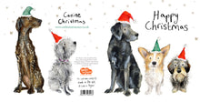 Load image into Gallery viewer, Flatlay showing the front and back of the christmas card featuring 5 illustrated dogs wearing father christmas hats, with details of partner charity Read for Good on the back.