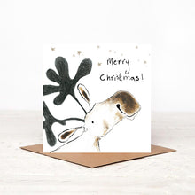 Load image into Gallery viewer, Square illustrated moose christmas card stood on matching brown craft envelope. 